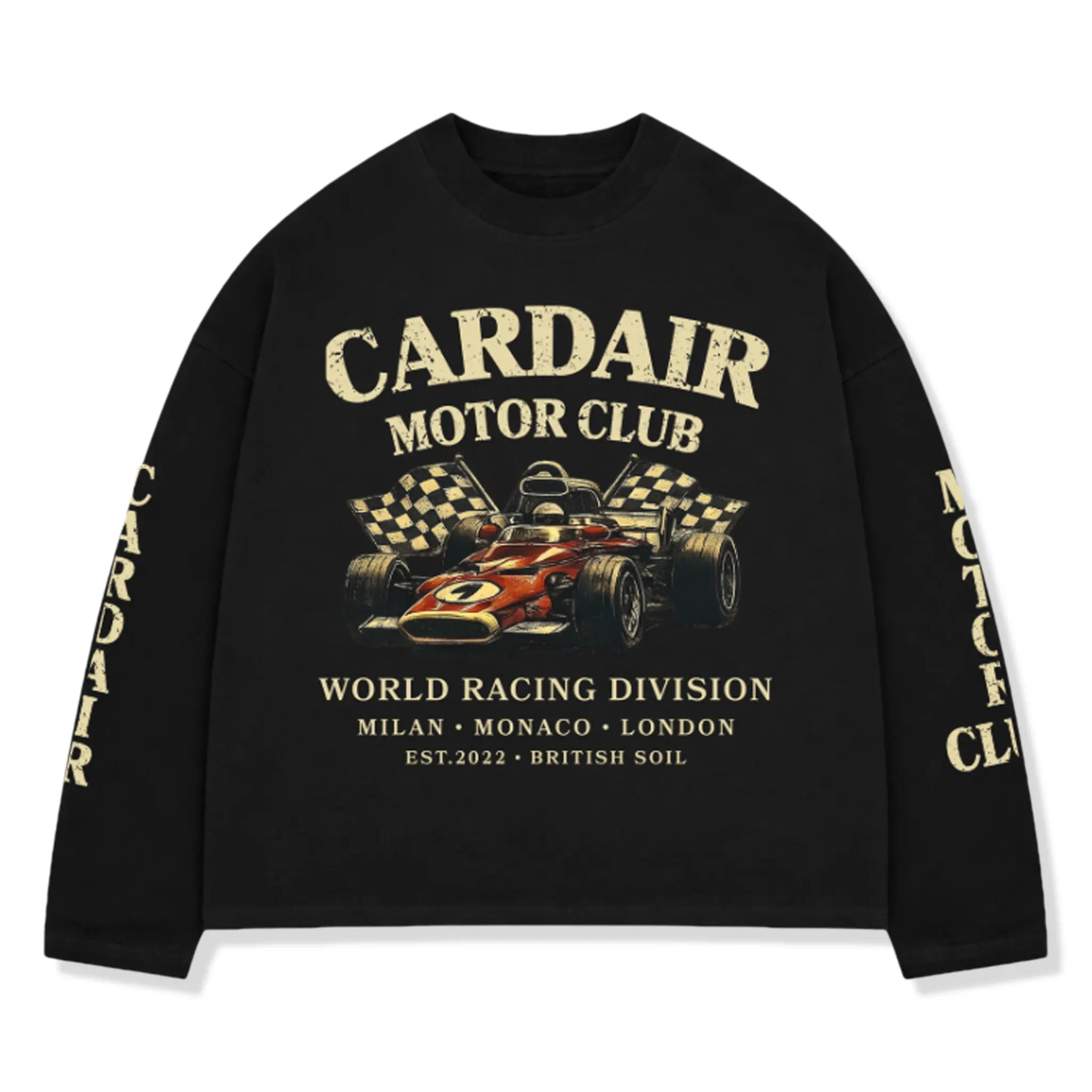Front View of Cardair Motor Club L/S Black T-Shirt